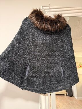 Aqua Charcoal Knit Poncho with Faux Fur Collar